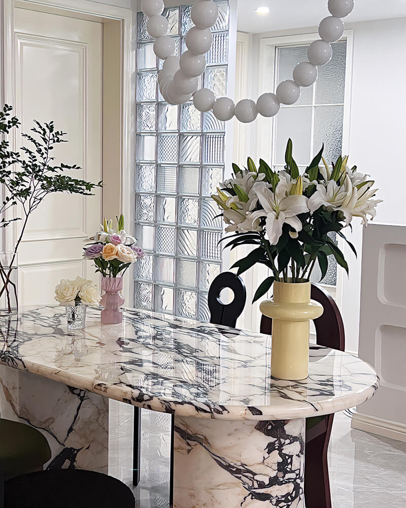 Calacatta Viola Marble Dining Table Semi Cyl Base 5