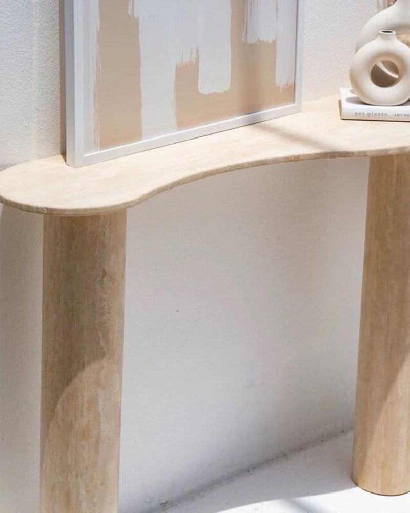 Natural Beige Travertine Wave Console Table Block Base 2