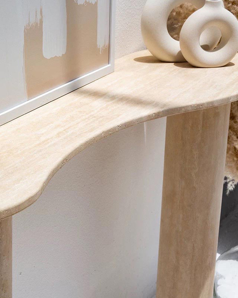 Natural Beige Travertine Wave Console Table Block Base 3