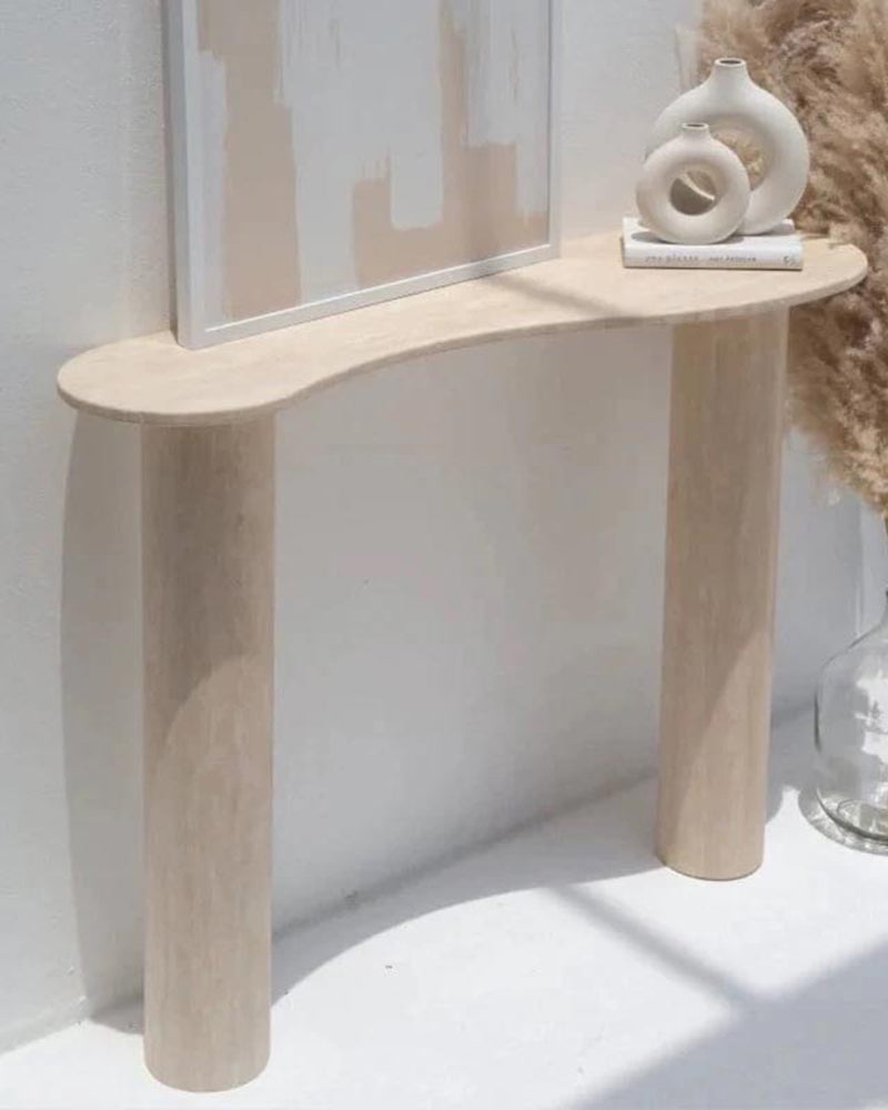 Natural Beige Travertine Wave Console Table Block Base 4