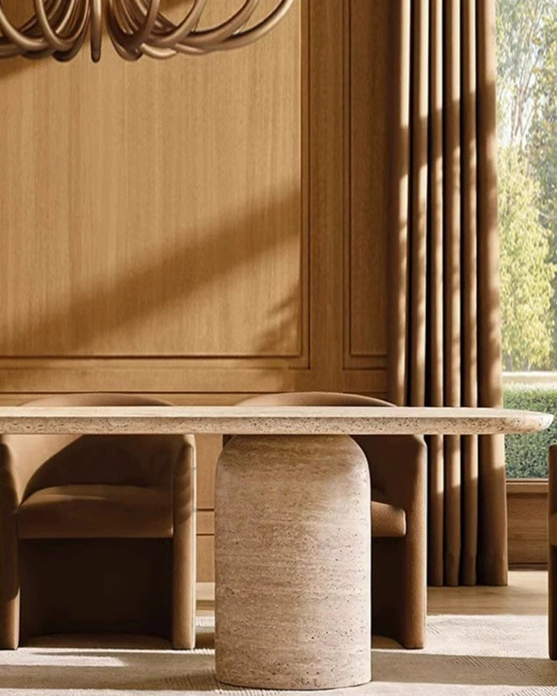 Natural Beige Travertine Double Cylindrical Base Dining Table 4