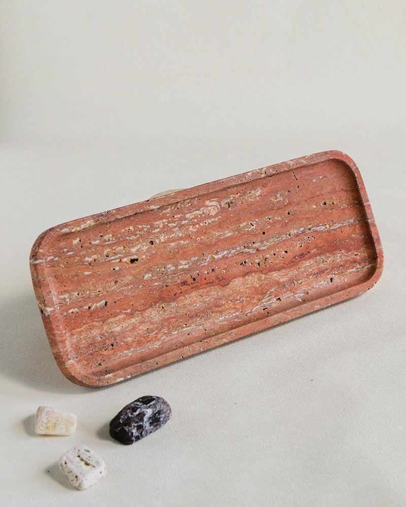 Red Travertine Marble Square Round Tray 8