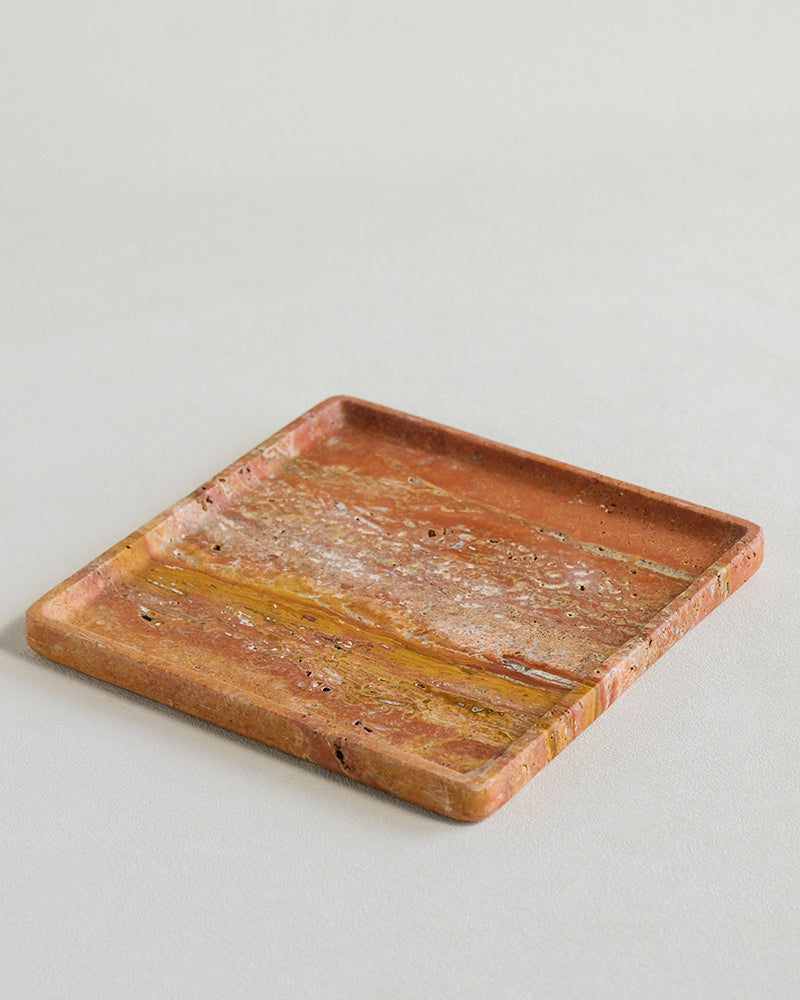 Red Travertine Marble Square Round Tray 15