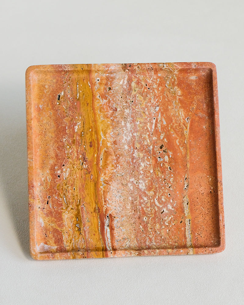 Red Travertine Marble Square Round Tray 16