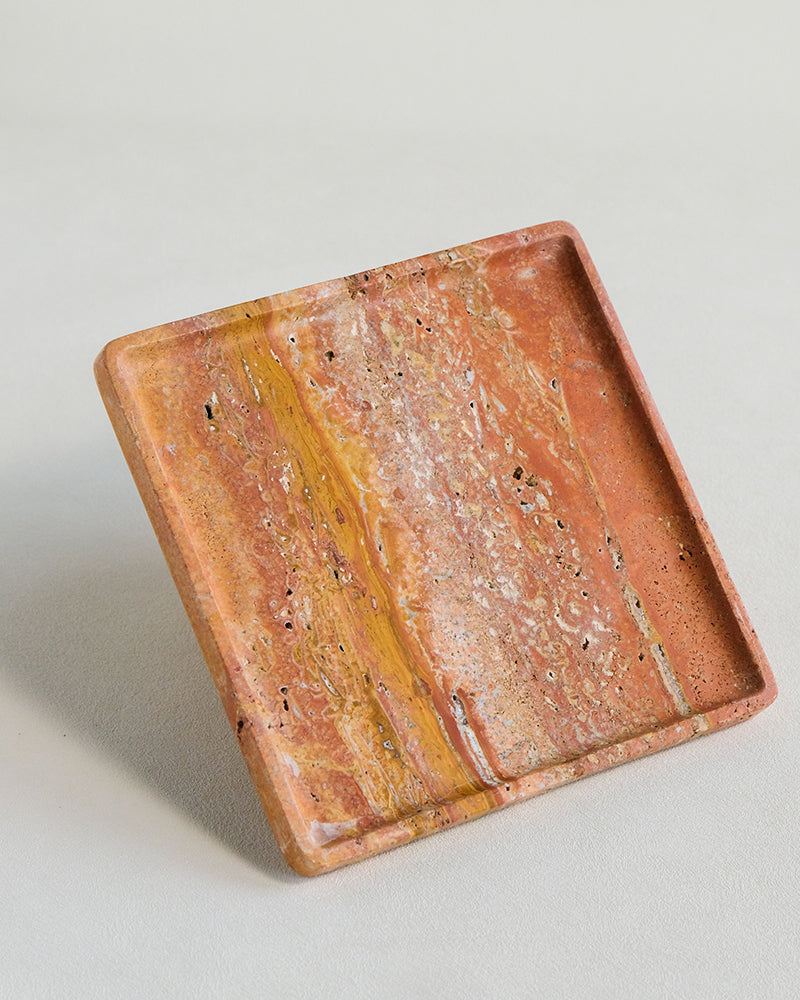 Red Travertine Marble Square Round Tray 17