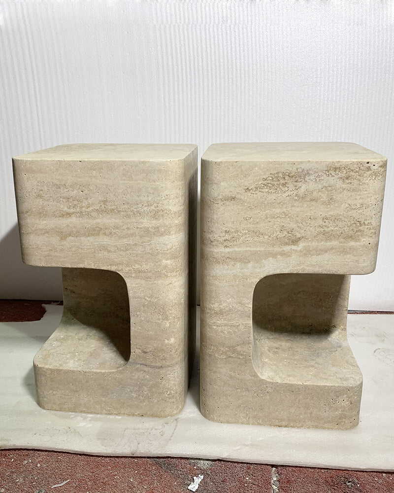 Natural Marble Beige Travertine Block Side Table 3