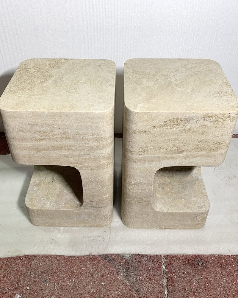 Natural Marble Beige Travertine Block Side Table 4
