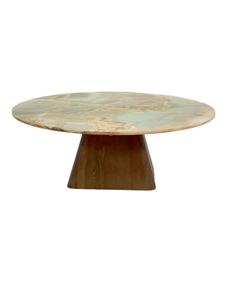 Round Green Onyx Coffee Table Wooden Base 2