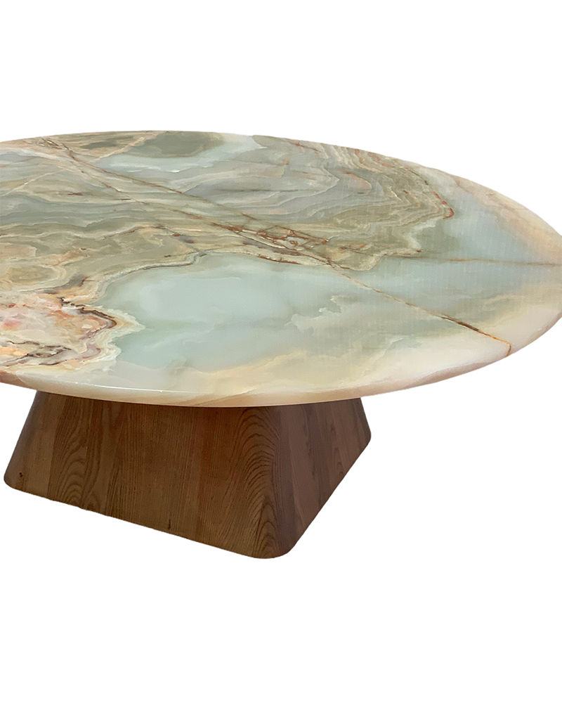 Round Green Onyx Coffee Table Wooden Base 3
