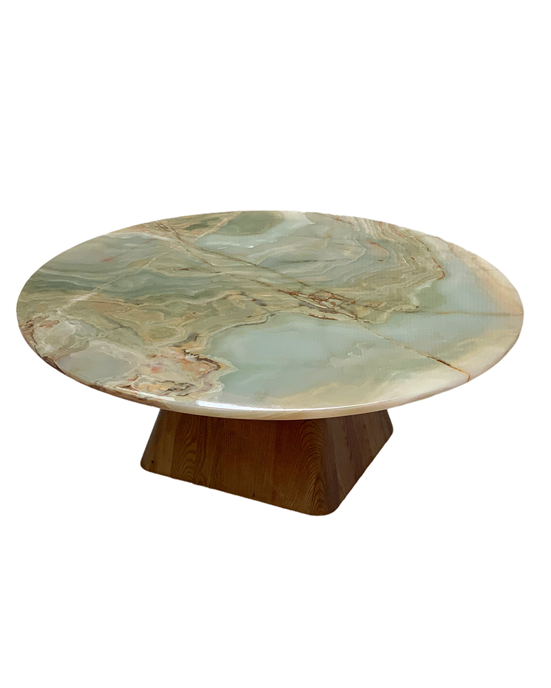 Round Green Onyx Coffee Table Wooden Base 6