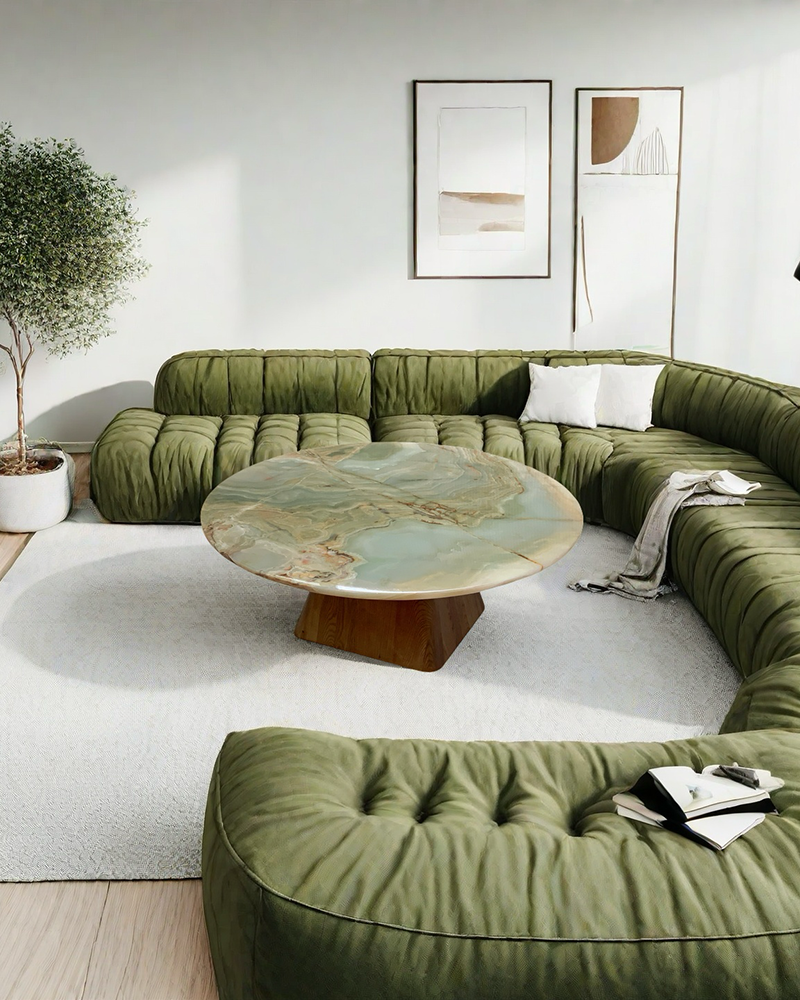 Round Green Onyx Coffee Table Wooden Base 8