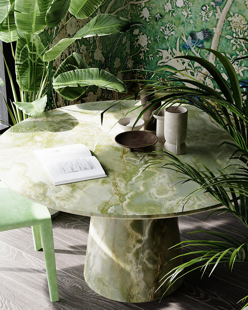Natural Green Onyx Round Dining Table With Conical Base 2