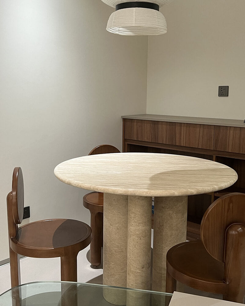 Natural Marble Beige Travertine Dining Table Block Base