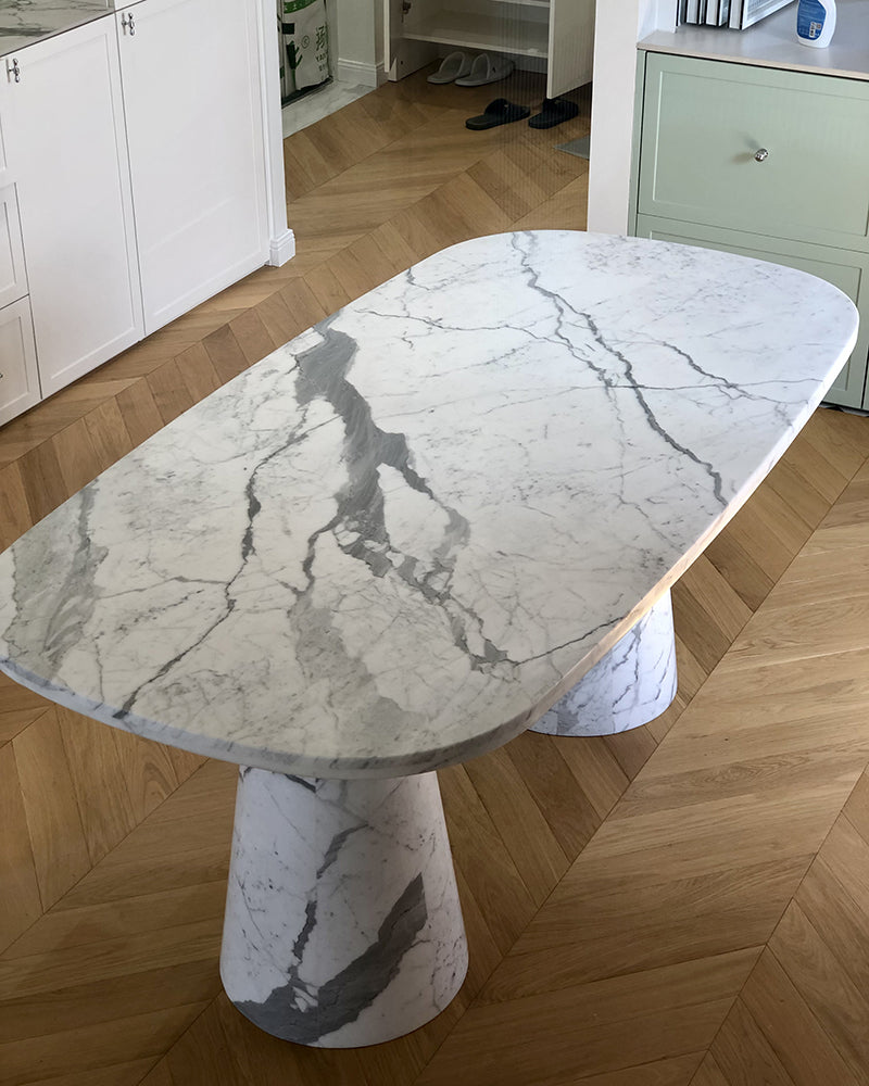 Natural Marble Bianco Statuario Venato Rounded Rectangle Dining Table 2