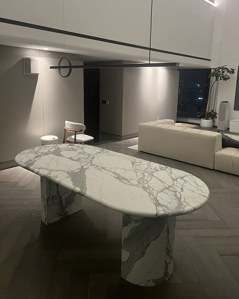 Natural Marble Calaeatta White Dining Table Semi Cyl Base 2